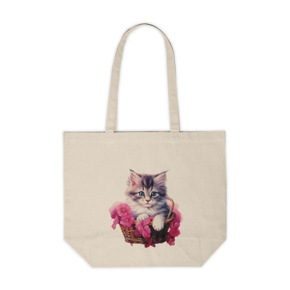 Floral Cat in a Basket Custom Canvas Tote Bag